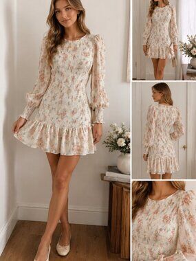 Storia Cream Floral Long Sleeve Mini Dress Romantic Size S